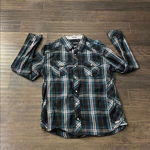 Buckle Black Standard Fit Button Down Western Plaid Shirt blue blk Mens Size XL